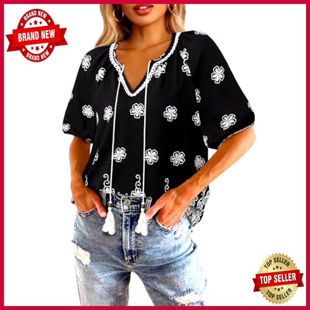 Boho Floral Blouse Loose Fit V-Neck Short Sleeve Summer Vacation Top - Picture 4 of 5